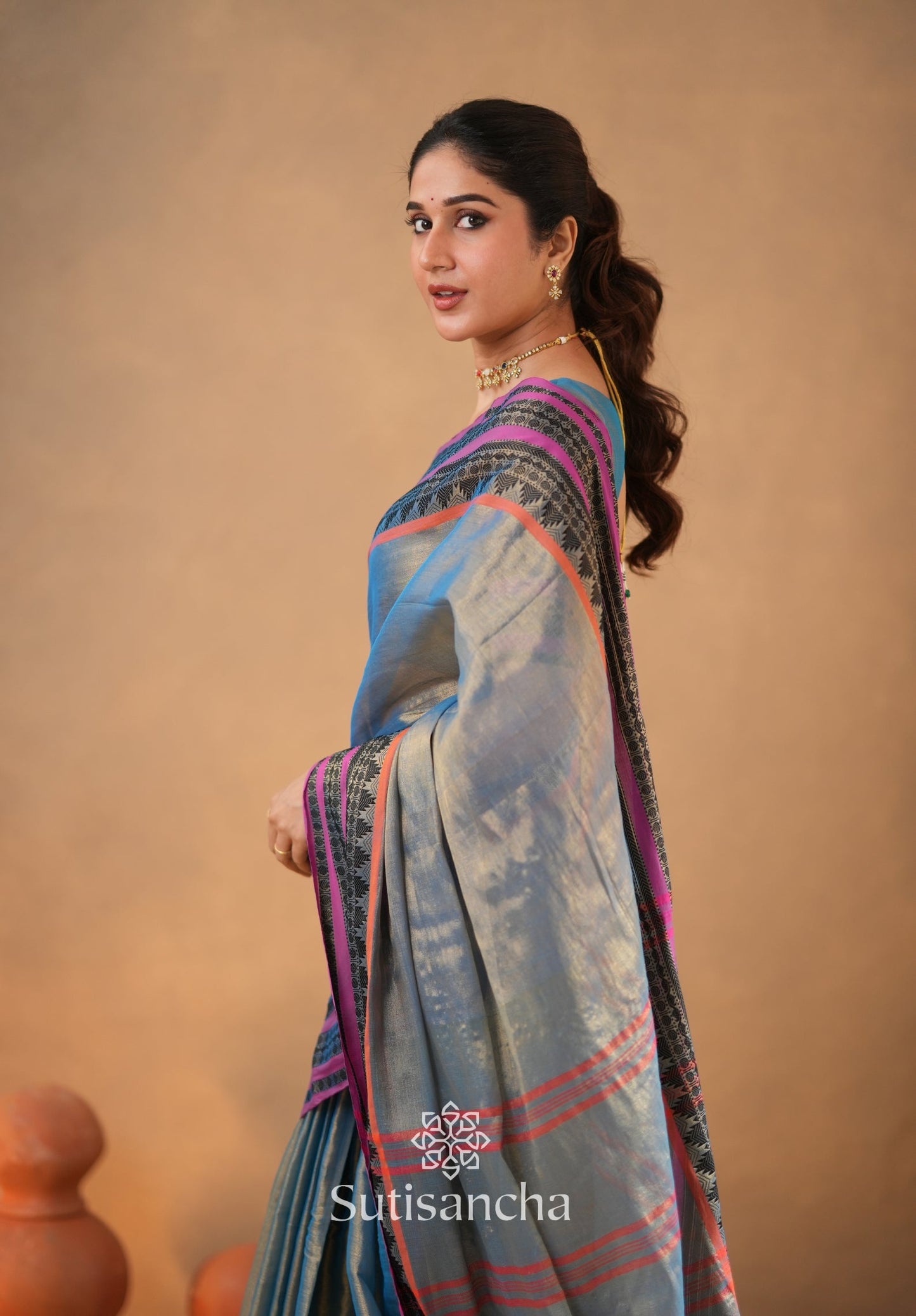 Dhiyona SS South Charm Tissue Cotton Saree with Traditional Border