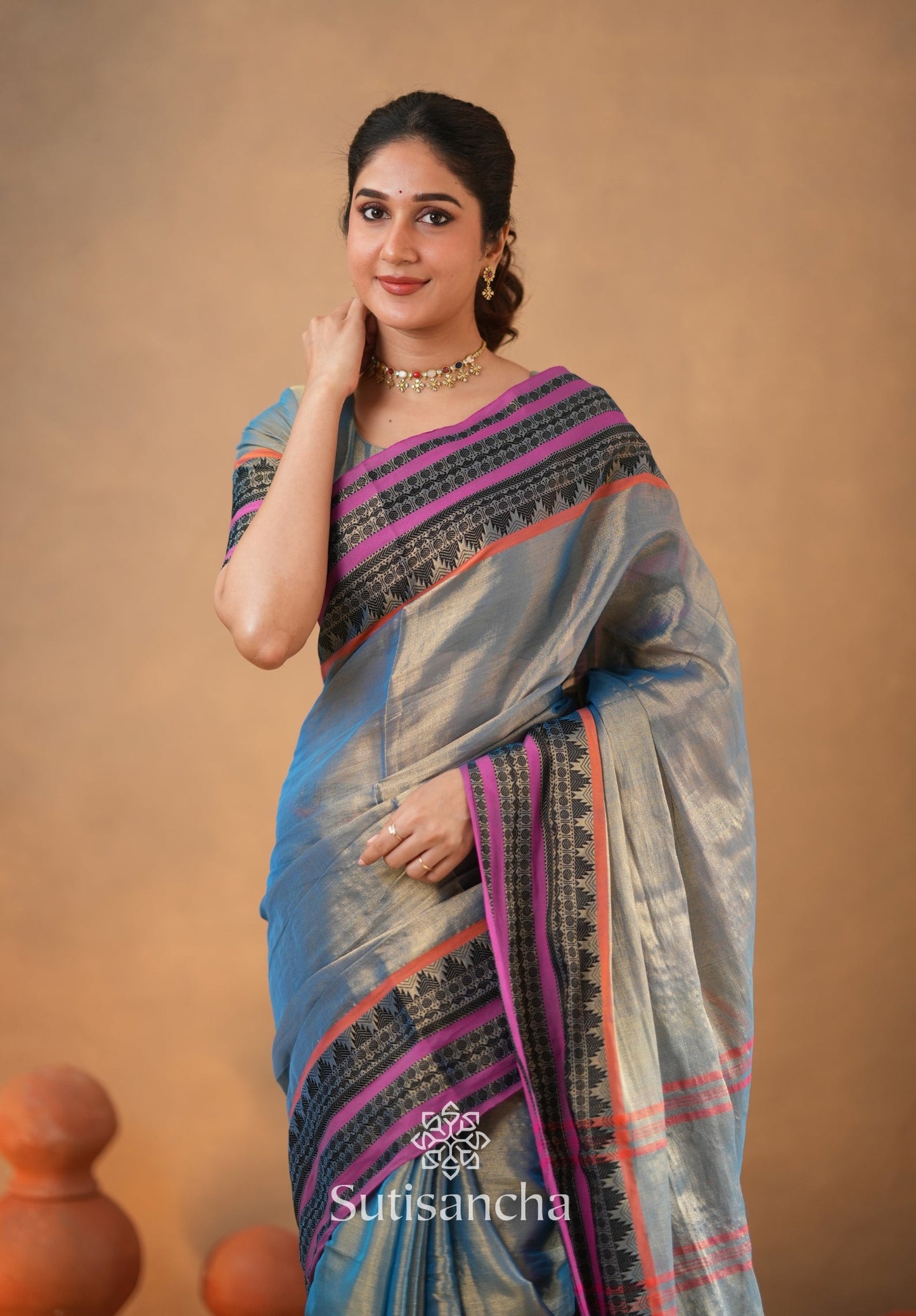 Dhiyona SS South Charm Tissue Cotton Saree with Traditional Border