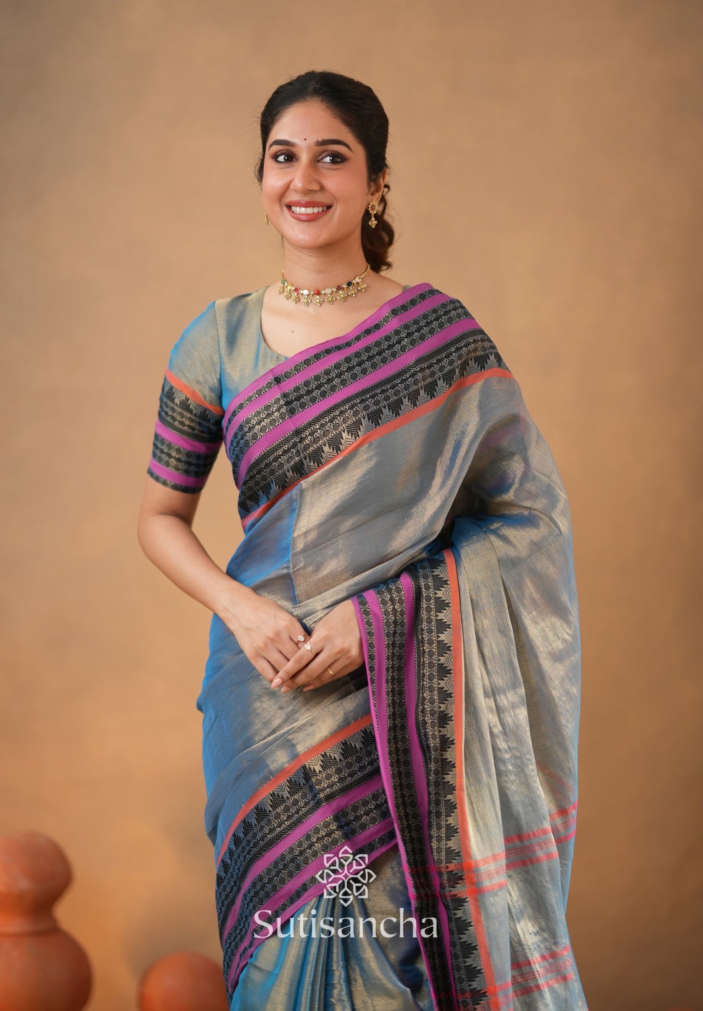 Dhiyona SS South Charm Tissue Cotton Saree with Traditional Border