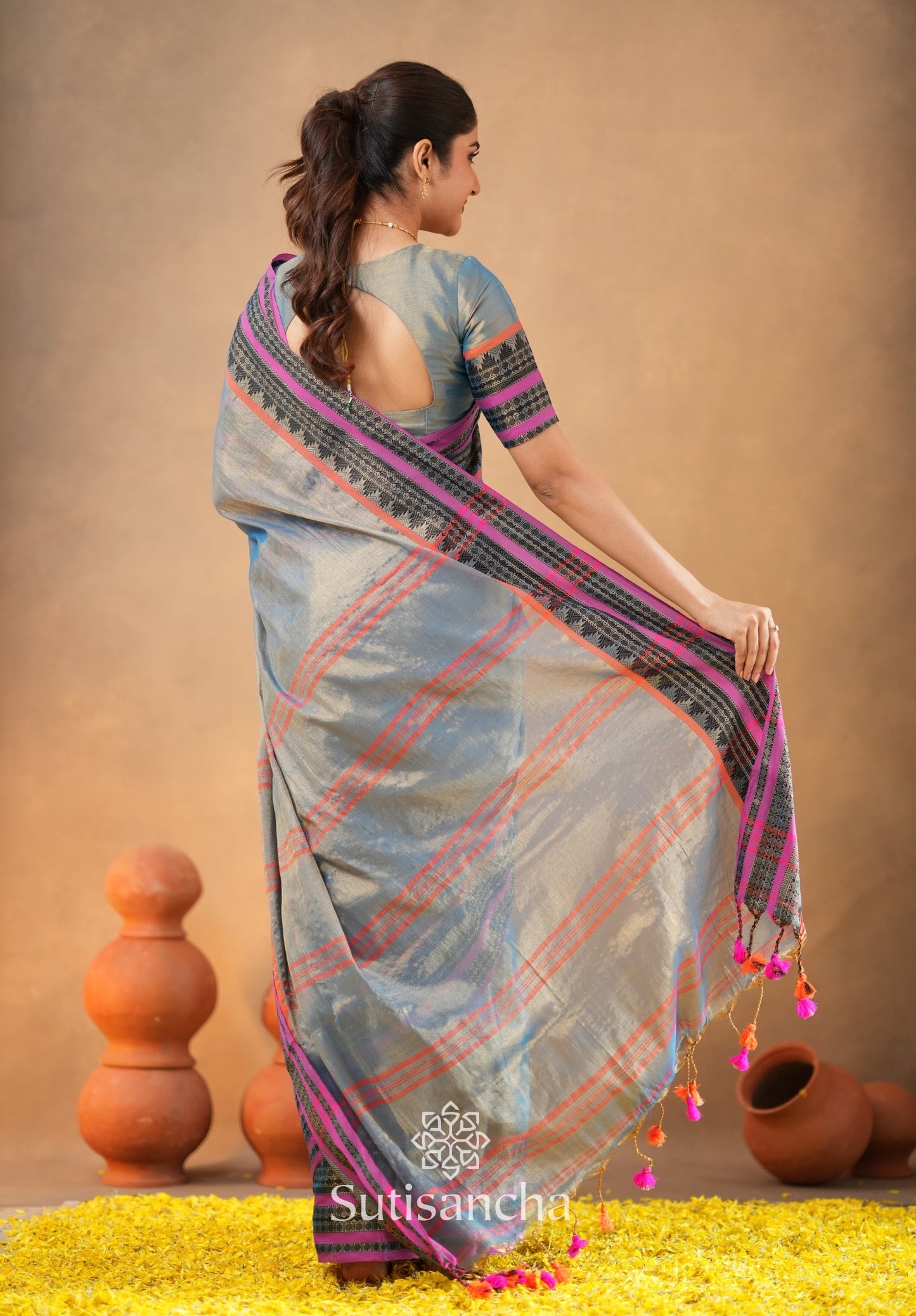 Dhiyona SS South Charm Tissue Cotton Saree with Traditional Border