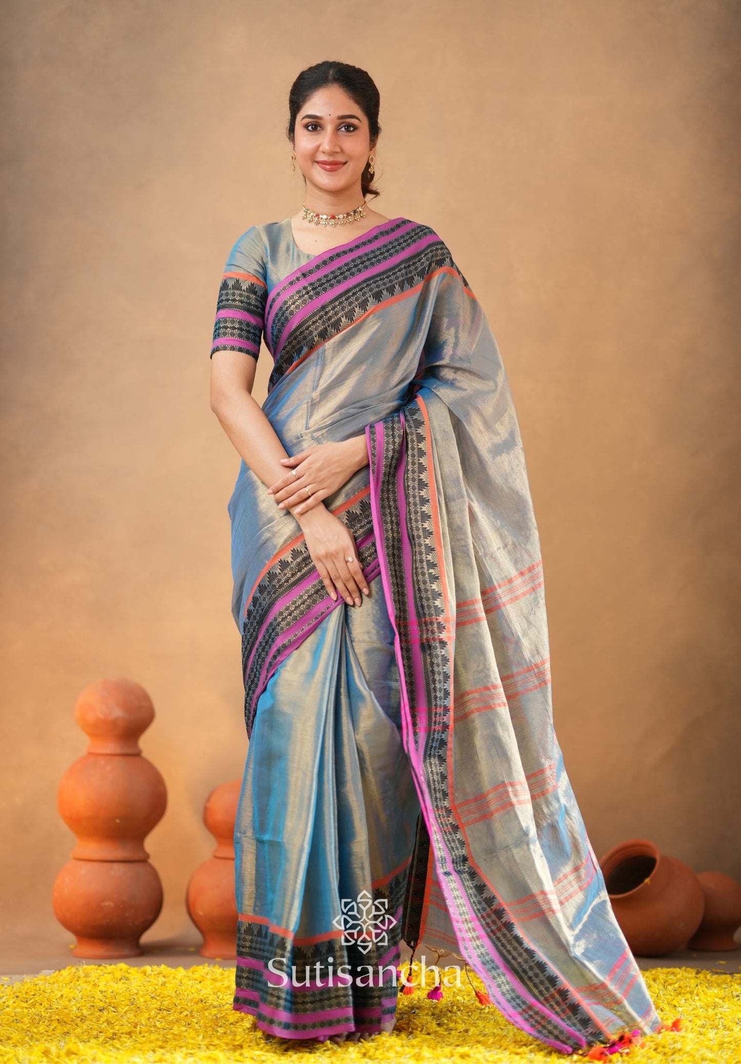 Dhiyona SS South Charm Tissue Cotton Saree with Traditional Border