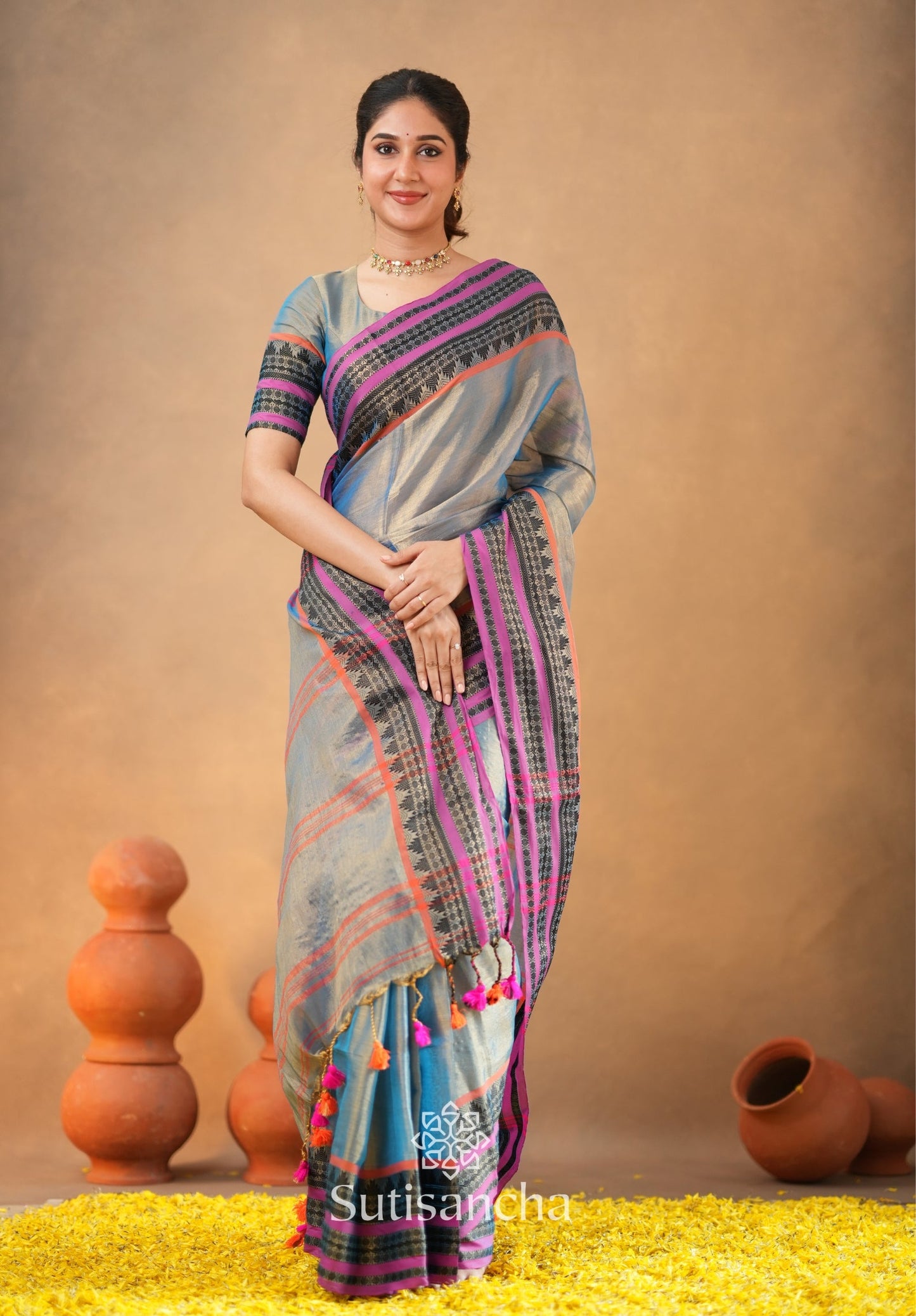 Dhiyona SS South Charm Tissue Cotton Saree with Traditional Border