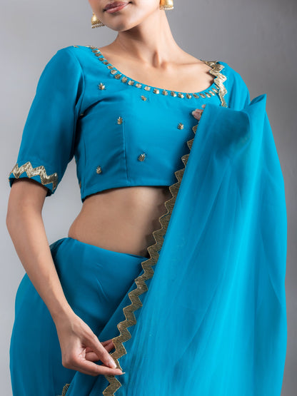 Dhiyona ST Turquoise Sequin Georgette Saree with Blouse Fabric