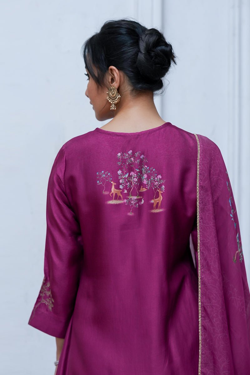 Women's Wine Raw Silk Salwar Suit With Organza Dupatta