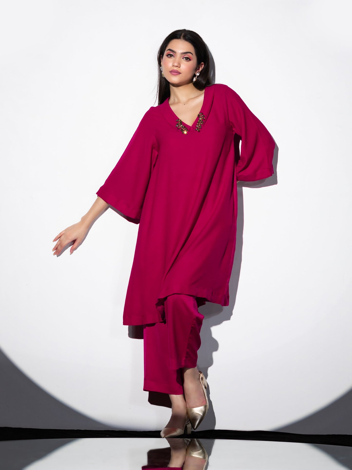 Dhiyona ST Women's Power Pink Korean Fabric Kurta Set with Glass Beads on Collar and Pants 2 Piece Set | Straight Fit, V Neck, 3/4 Sleeves, Pants, Festive Wear, (Korean Fabric)