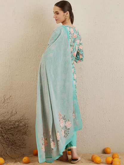 Dhiyona IE Floral Printed Mirror Work Pure Cotton Straight Kurta with Trousers & Dupatta