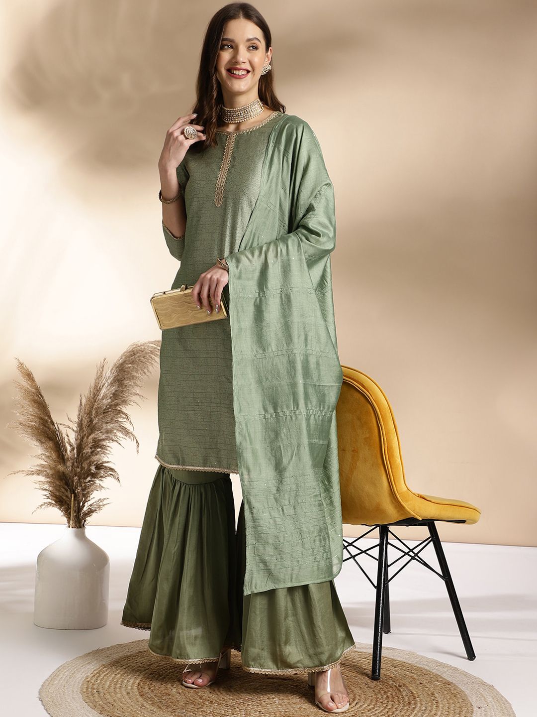 Dhiyona AN Green Ethnic Motifs Printed Straight Pure Silk Kurta With Sharara & Dupatta