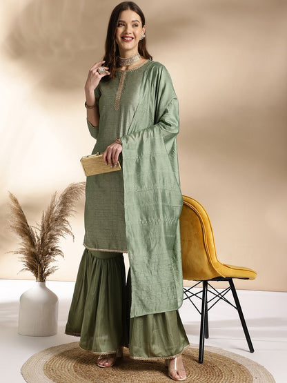 Dhiyona AN Green Ethnic Motifs Printed Straight Pure Silk Kurta With Sharara & Dupatta