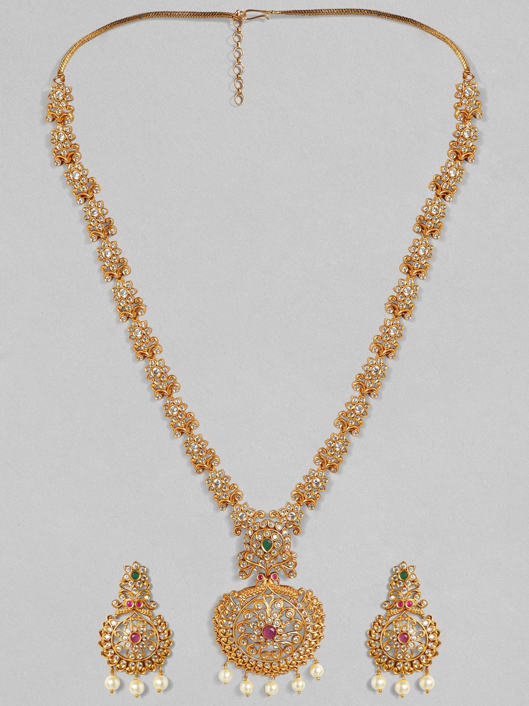 Dhiyona RJ Women's 24K Gold Plated Ruby Emerald & CZ Studded Pearl Beaded Temple Jewellery Set