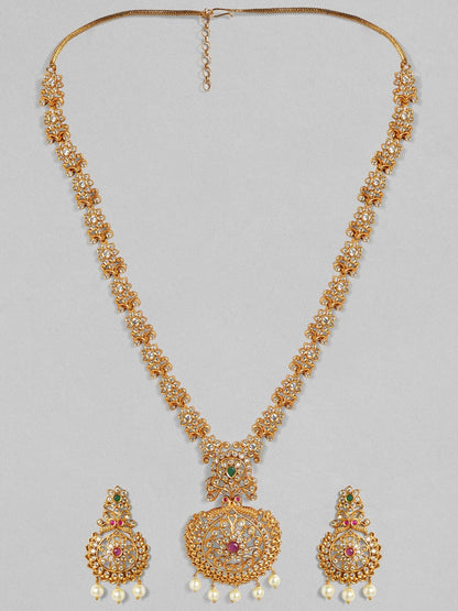 Dhiyona RJ Women's 24K Gold Plated Ruby Emerald & CZ Studded Pearl Beaded Temple Jewellery Set