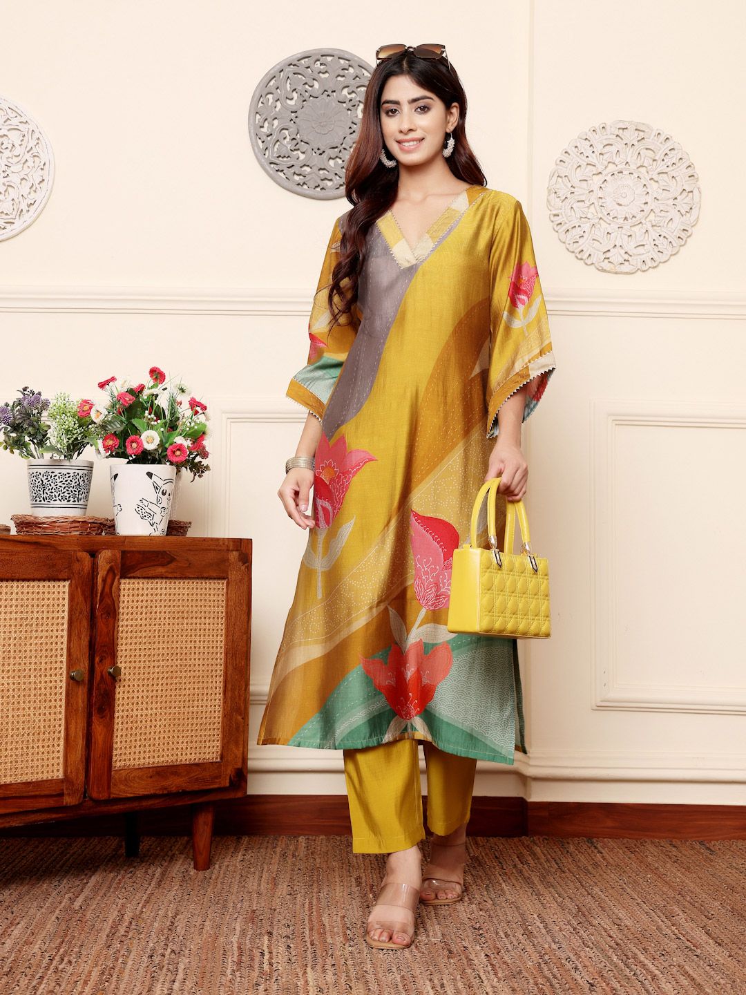 Mustard Quirky Printed V-Neck Chanderi Silk Straight Kurta With Trousers