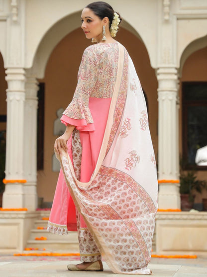 Dhiyona RR Women's Floral Printed Bell Sleeves Pure Cotton Kurta With Trousers & Dupatta