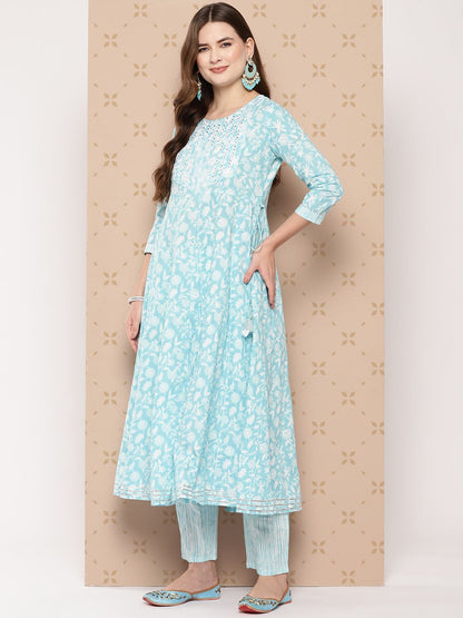 Dhiyona KL Pure Cotton Floral Printed Anarkali Kurta With Trousers & With Dupatta