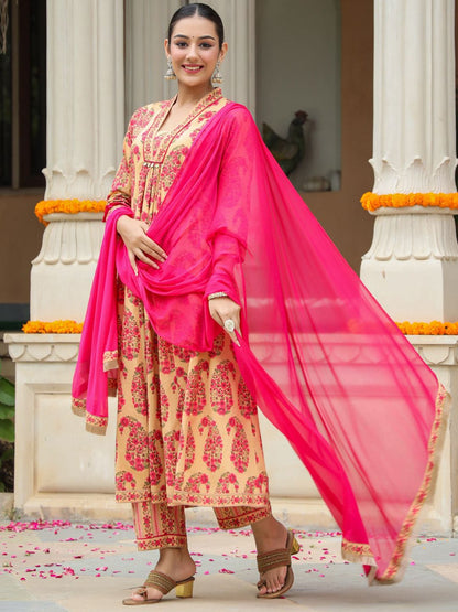 Dhiyona RR Women's Paisley Printed Sequinned Pure Cotton Kurta with Trousers & Dupatta