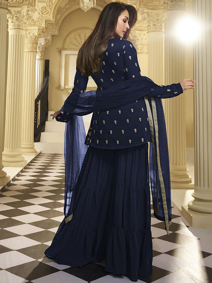 Dhiyona IN Women Floral Thread Embroidered A-Line Kurta with Sharara & with Dupatta