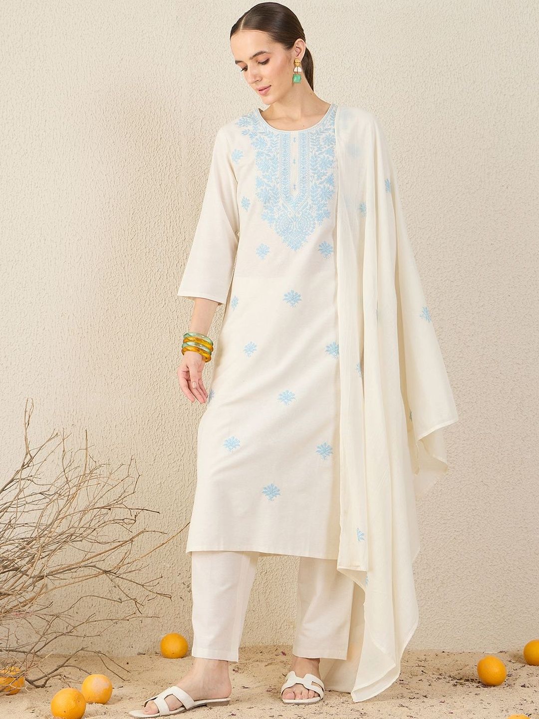 Dhiyona IE Women Floral Embroidered Cotton Kurta with Trousers & Dupatta