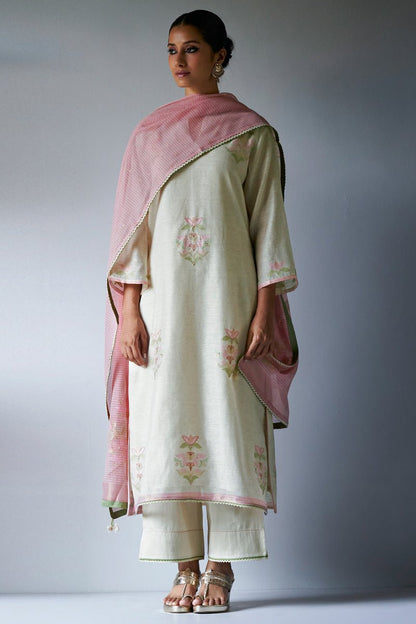 Women's Birch Cream Woven Kurta Suit Set With Hand Work Detailing