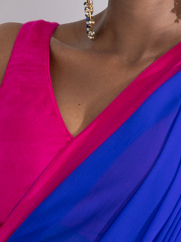 Dhiyona ST Megawatt Blue Georgette Saree with Pink Posh Fabric Border & Blouse Fabric