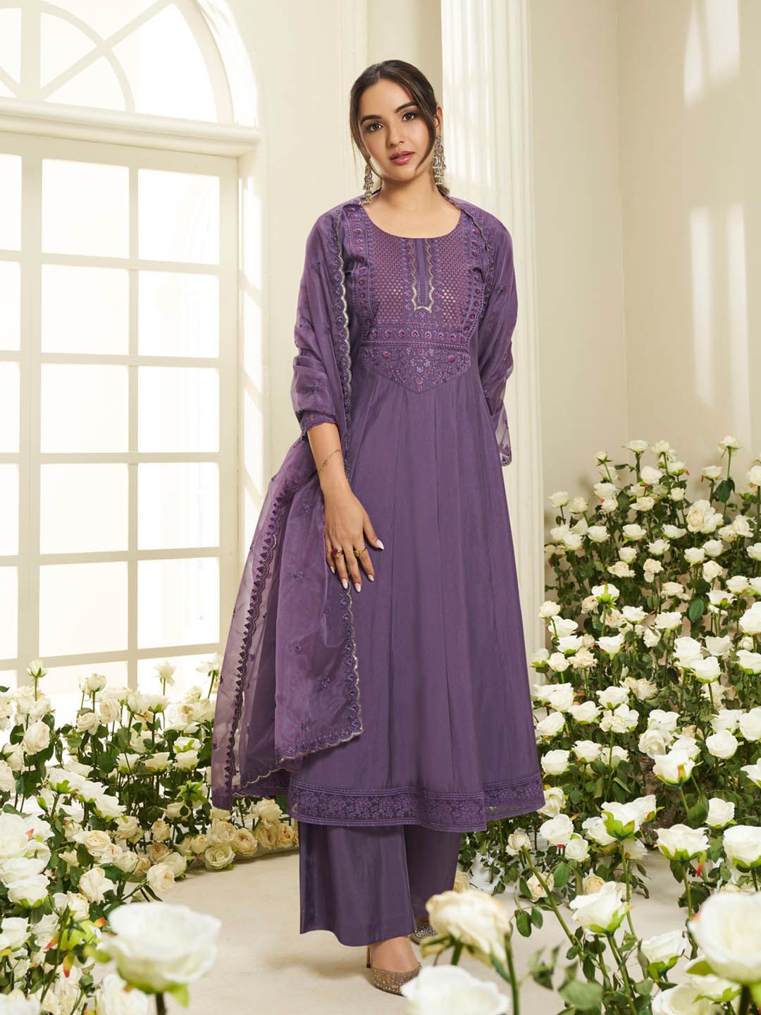 Dhiyona IN Floral Yoke Design Round Neck Sequinned Anarkali Kurta With Palazzos & Dupatta