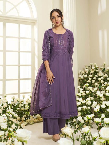 Dhiyona IN Floral Yoke Design Round Neck Sequinned Anarkali Kurta With Palazzos & Dupatta