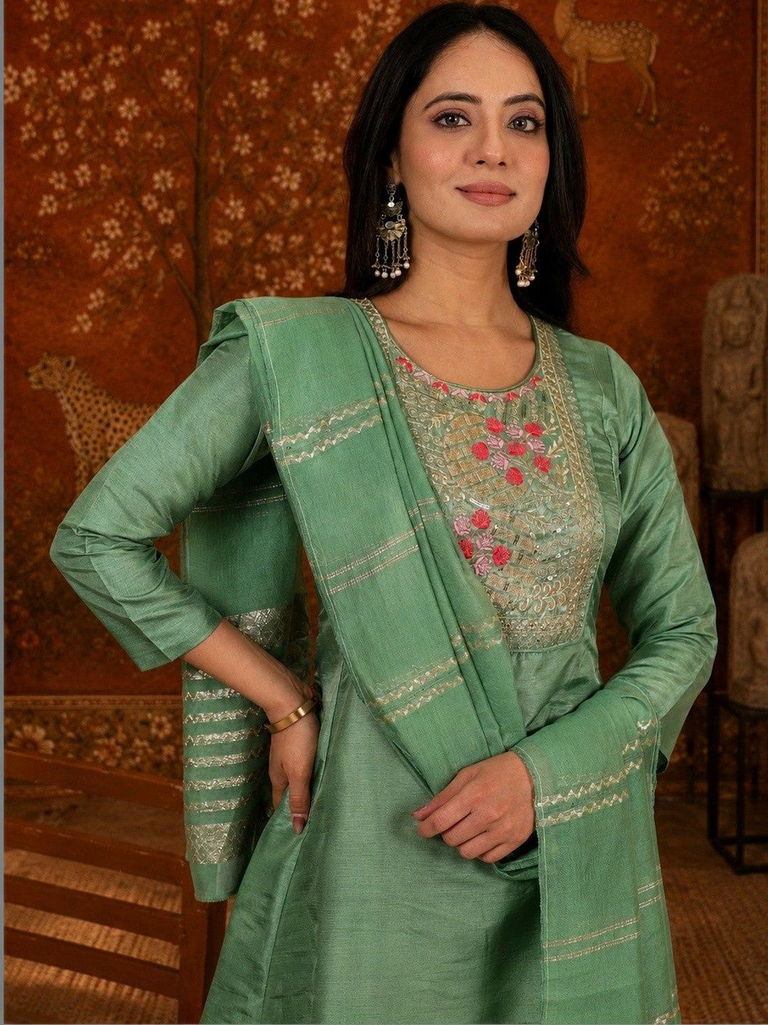 Women Floral Embroidered Empire Sequinned Kurta with Trousers & With Dupatta