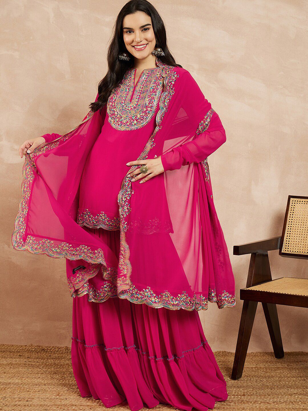 Dhiyona IN Pink & Gold Toned Yoke Design Embroidered Straight Kurta With Sharara & Dupatta