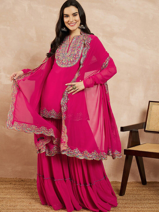 Dhiyona IN Pink & Gold Toned Yoke Design Embroidered Straight Kurta With Sharara & Dupatta