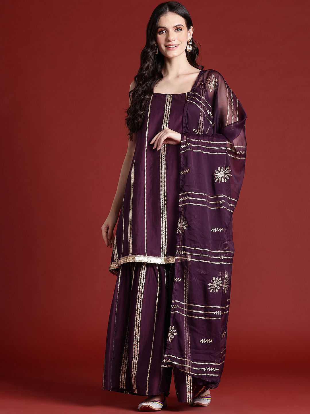 Dhiyona AN Printed Regular Sequinned Kurta With Sharara & Dupatta