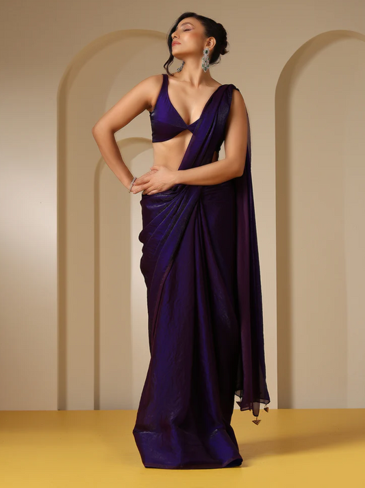 Dhiyona ST Metallic Purple Satin Saree with Self Blouse Fabric