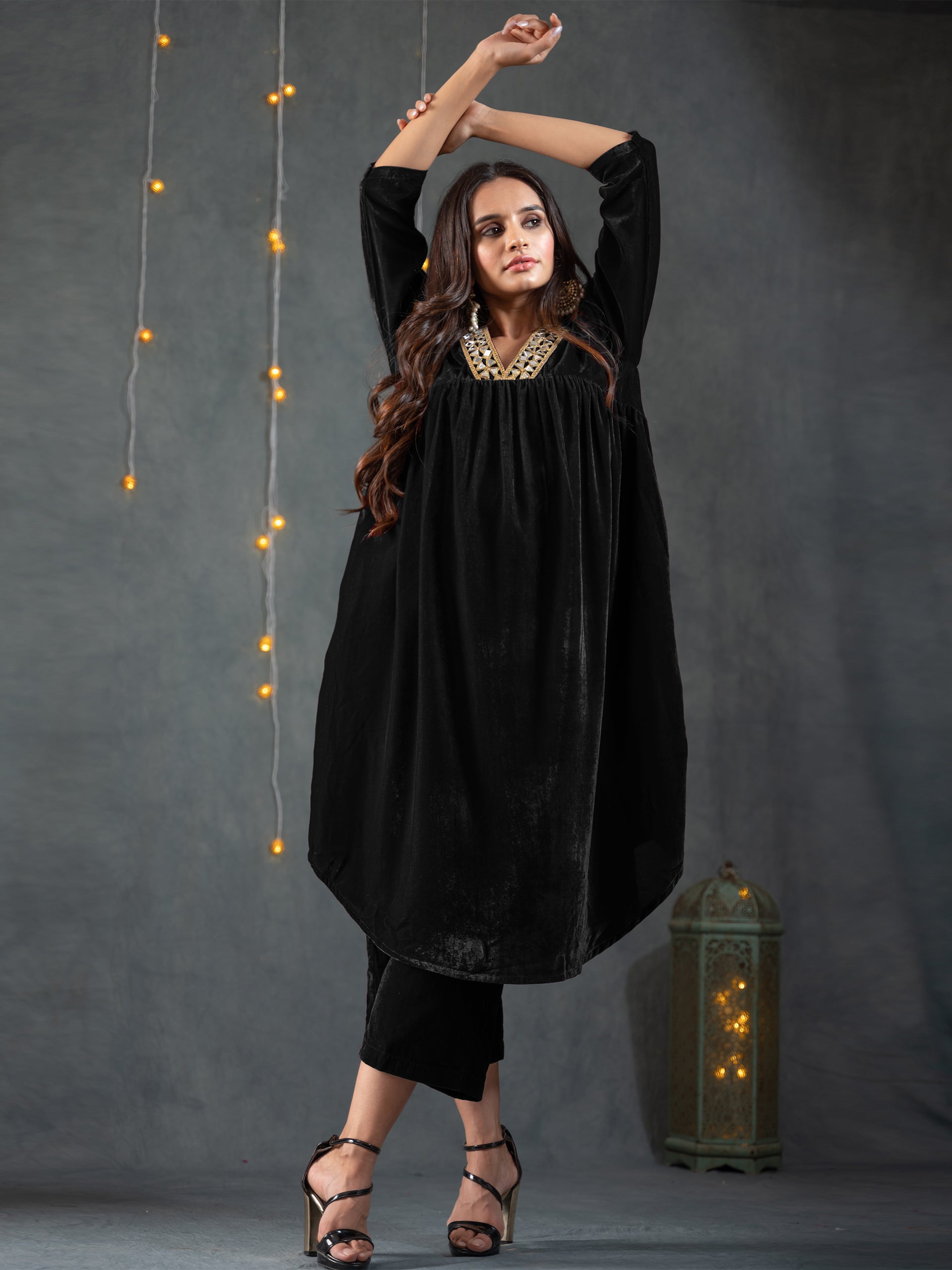 Dhiyona ST Women's Black Velvet Gathered Kurta with Pant 2 Piece Set | A-Line, V Neck, 3/4 Sleeves, Pants, Partywear, (Velvet)