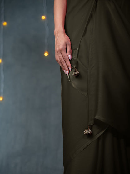Dhiyona ST Khaki Saree with Embroidered Blouse Fabric