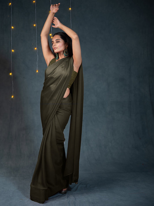 Dhiyona ST Khaki Saree with Embroidered Blouse Fabric