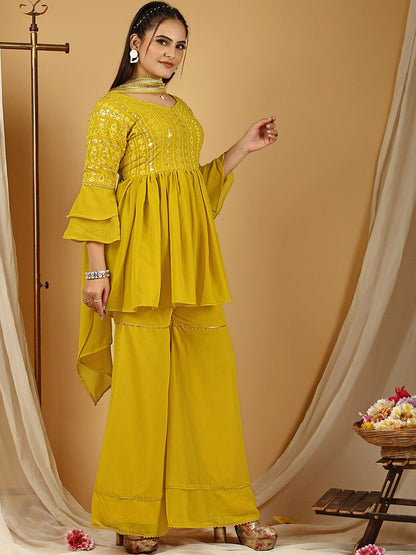 Dhiyona KL Embroidered Regular Sequinned Kurti with Sharara & Dupatta