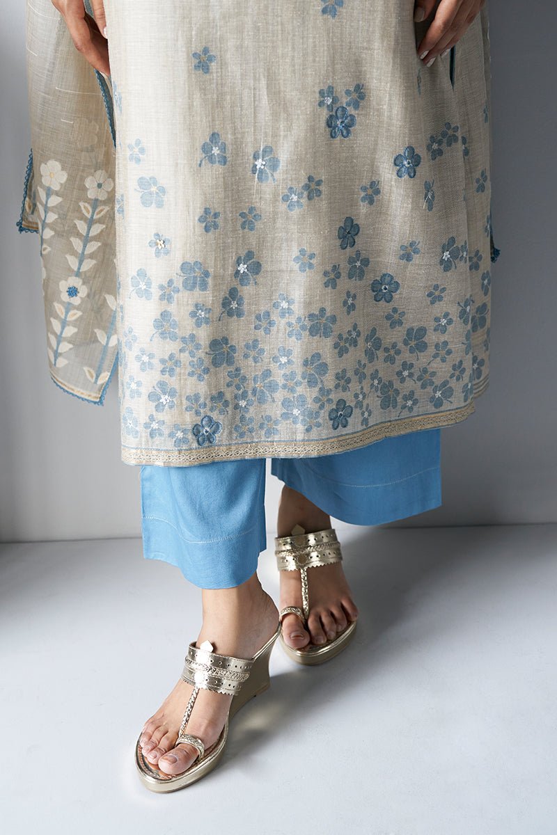 Women's Beige Woven Kurta Suit Set With Delicate Hand Work Detailing