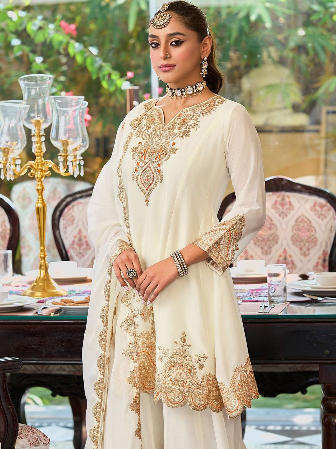 Dhiyona IE Ethnic Motifs Embroidered Sequinned Straight Kurta With Palazzos & Dupatta