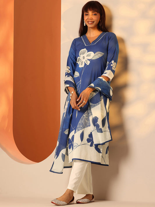 Floral Printed V-Neck Straight Kurta With Trousers & Dupatta