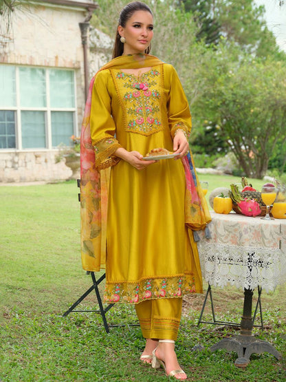 Floral Embroidered Thread Work Tieup Neck A-Line Kurta With Trousers & Dupatta
