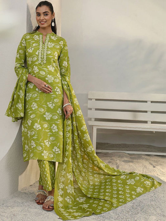 Libas Green Floral Printed Cotton Blend Straight Suit Set With Dupatta
