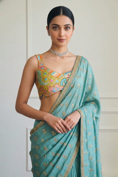 Dhiyona ST Embroidered Multicolor Blue and Peach Blouse