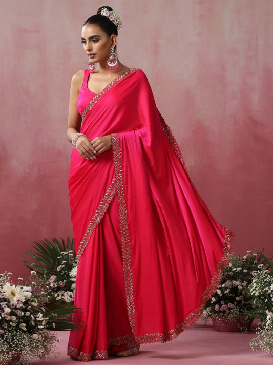 Dhiyona ST Fuchsia Leaf Hand Embroidery Cut Dana All over Embroidery Satin Saree with Plain Blouse Fabric