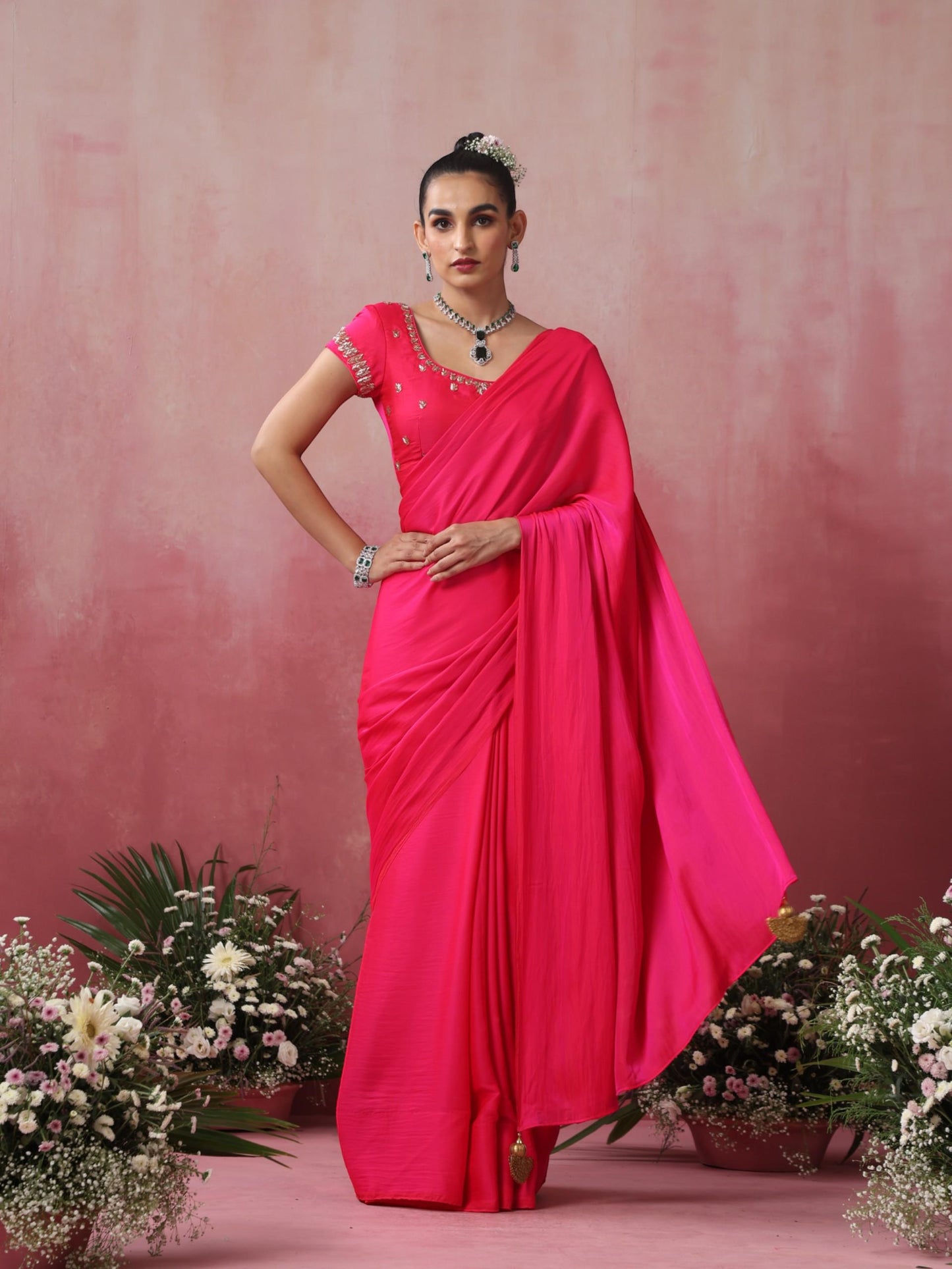 Dhiyona ST Fuchsia Satin Saree with Hand Embroidery Blouse Fabric