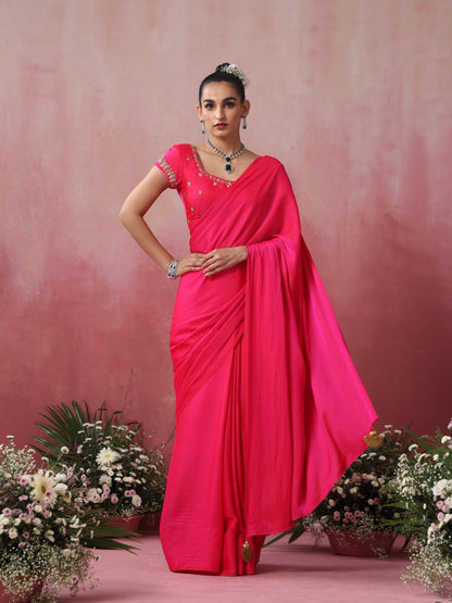 Dhiyona ST Fuchsia Satin Saree with Hand Embroidery Blouse Fabric