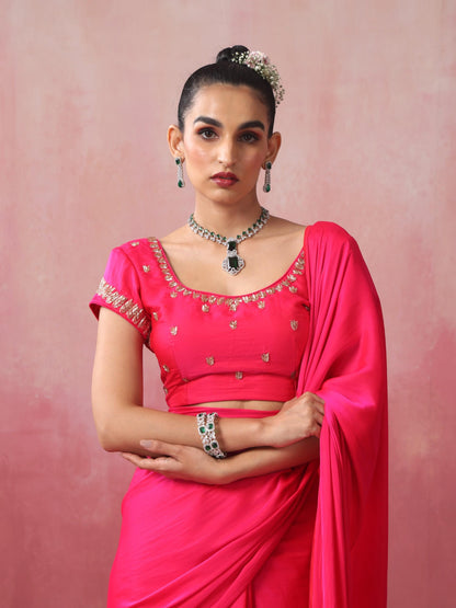 Dhiyona ST Fuchsia Satin Saree with Hand Embroidery Blouse Fabric