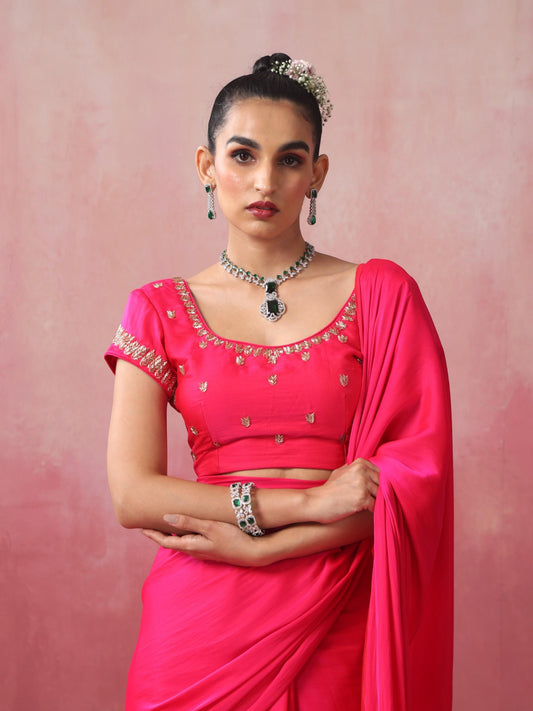 Dhiyona ST Fuchsia Satin Saree with Hand Embroidery Blouse Fabric