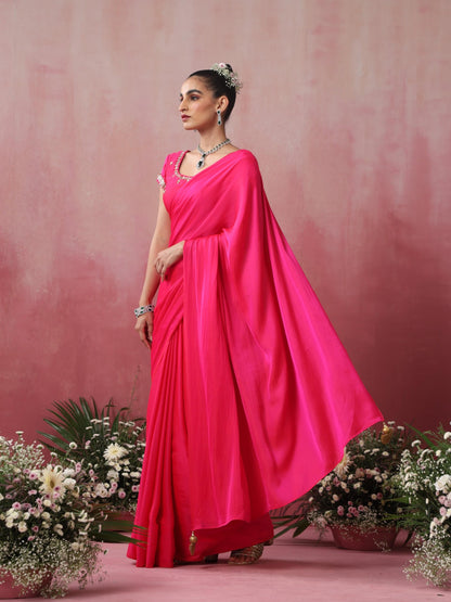 Dhiyona ST Fuchsia Satin Saree with Hand Embroidery Blouse Fabric