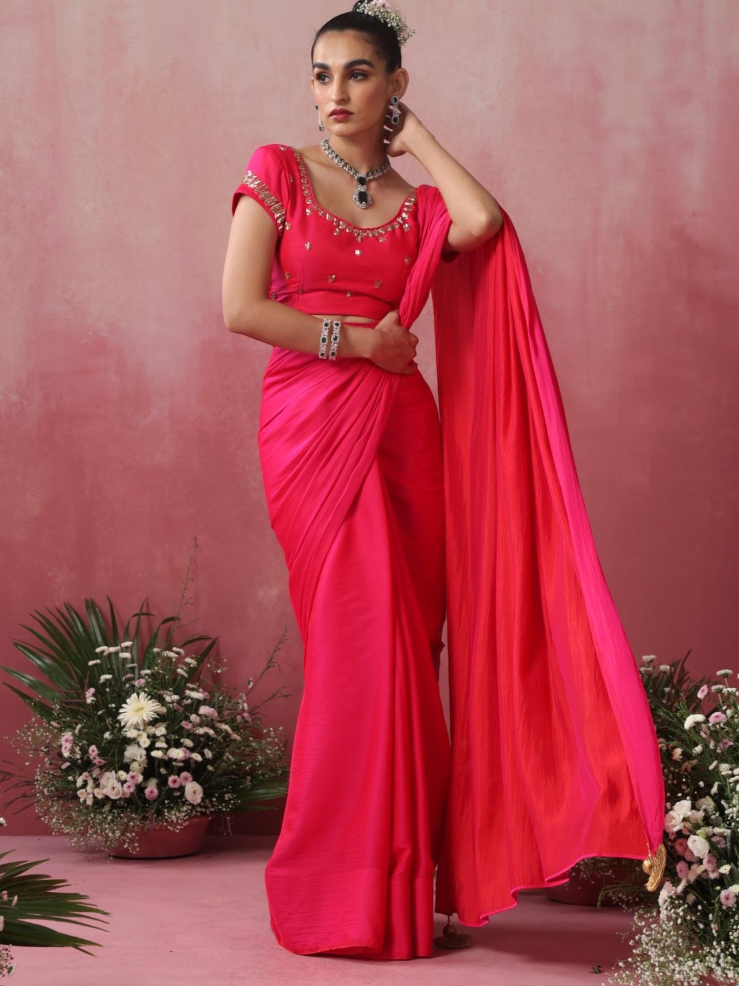 Dhiyona ST Fuchsia Satin Saree with Hand Embroidery Blouse Fabric