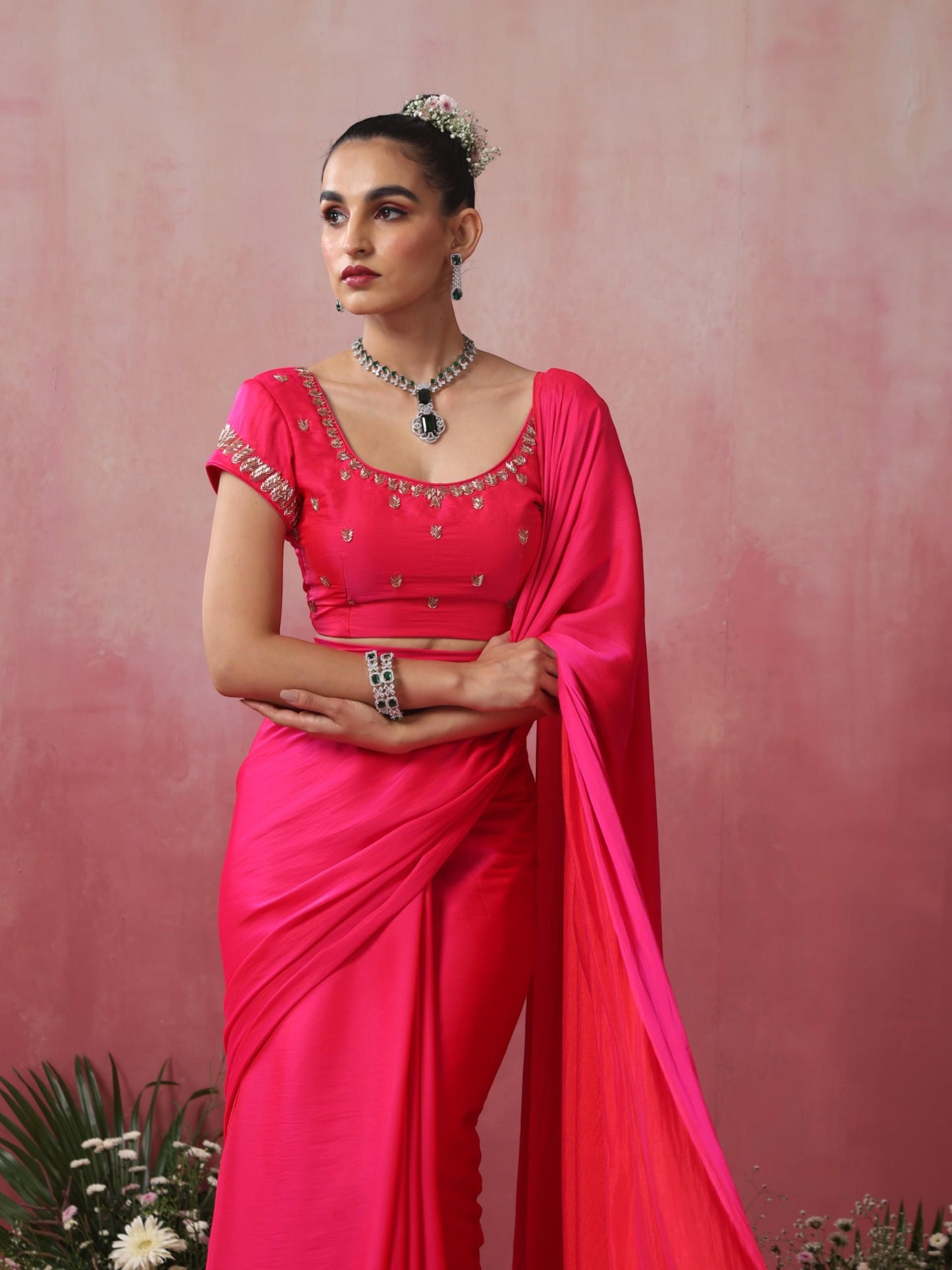 Dhiyona ST Fuchsia Satin Saree with Hand Embroidery Blouse Fabric