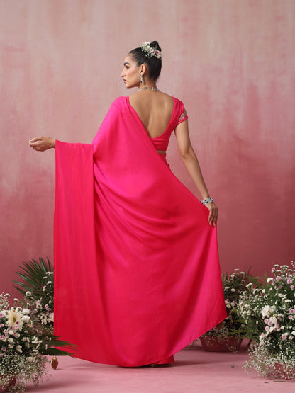 Dhiyona ST Fuchsia Satin Saree with Hand Embroidery Blouse Fabric