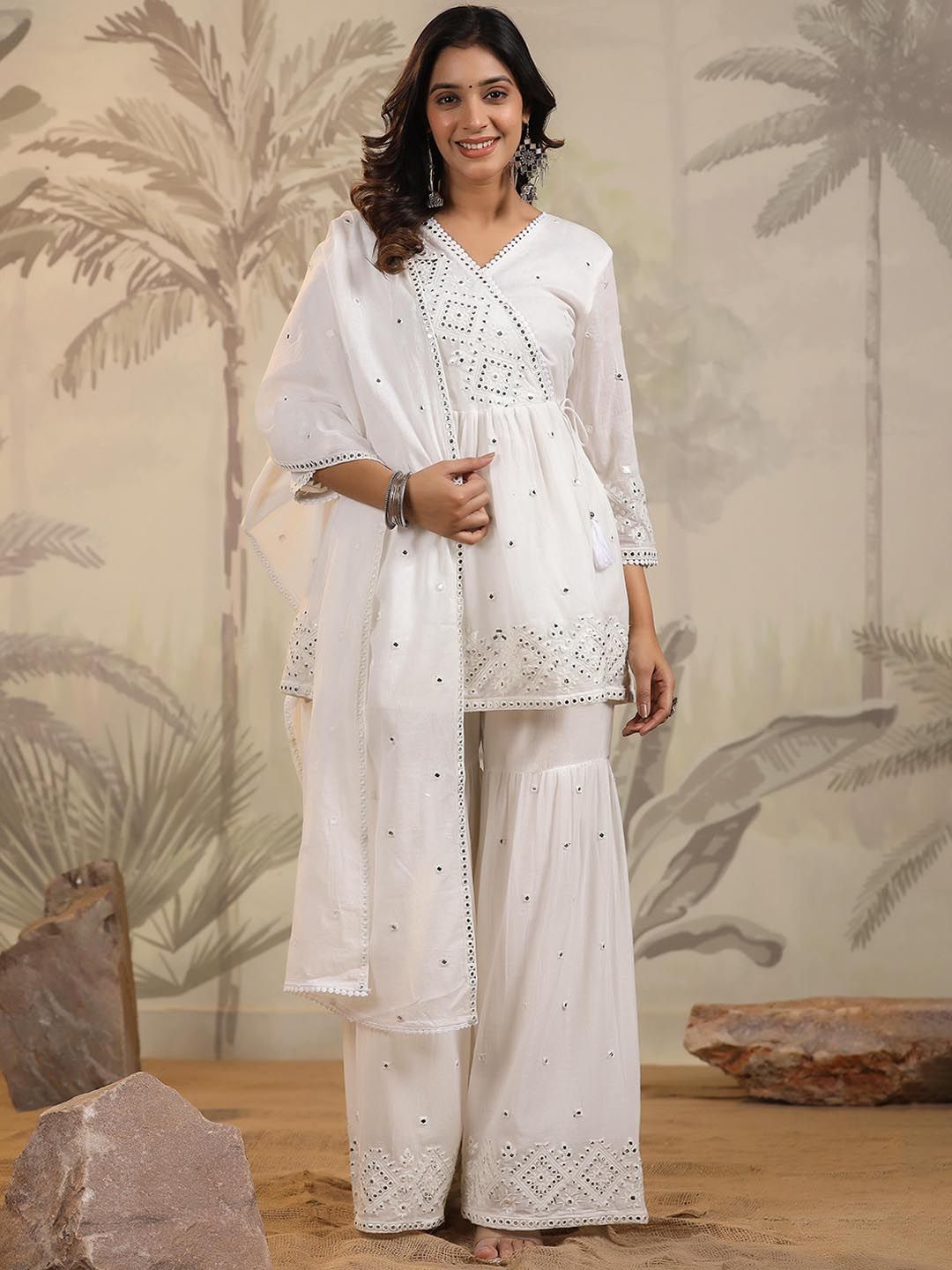 Dhiyona SC Embroidered Mulmul Cotton A-Line Angrakha Kurta With Sharara & Dupatta
