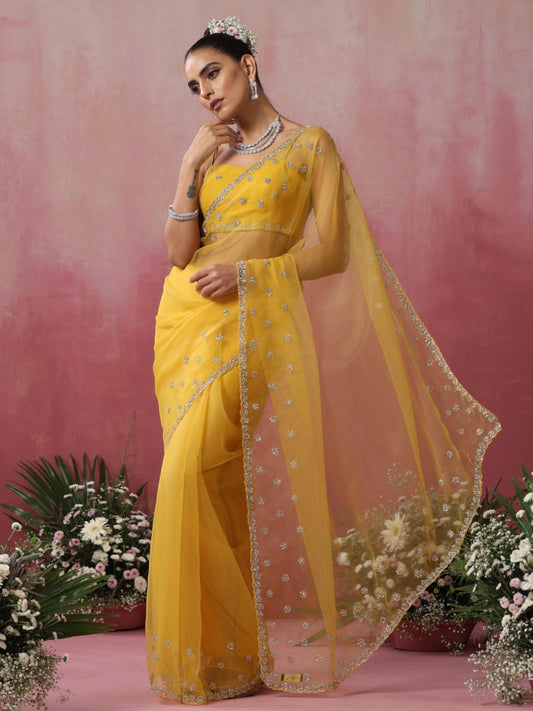 Dhiyona ST Yellow Cloud with Hand Beaded Saree with Beaded Blouse Fabric